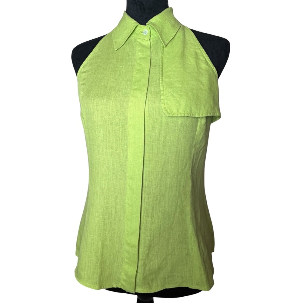 Max Mara Lime Green 100% Linen Halter Button Front Top IT 44 US 8 Italy